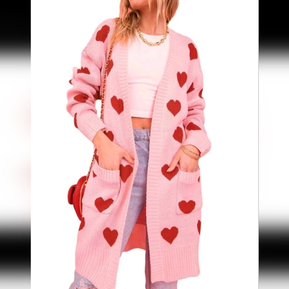 Women Open Front Long Cardigans Duster Sweaters Valentine's Day Heart Print Ligh - Picture 1 of 5